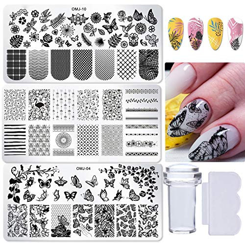 3pcs Nail Stamper Plate Kit Butterfly Leaves Image Nail Stamping Template with Clear Stamp and Scraper for Nail Art Design