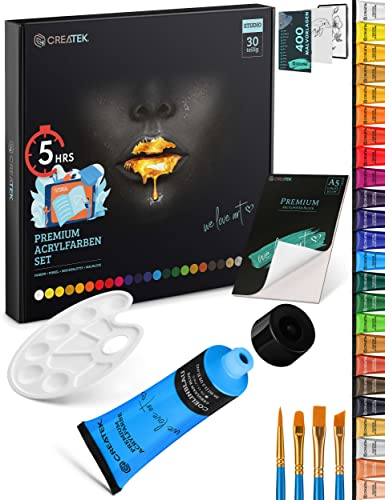 CreaTek Acrylfarben Set mit Pinsel [ inkl. 5 Stunden Acryl Videokurs ] 24x36ml Tuben + 4 Pinsel, Mischpalette + Acryl Block - Wasserfeste Acryl Farben Set mit extra hoher Deckkraft | Acrylic Paint Set