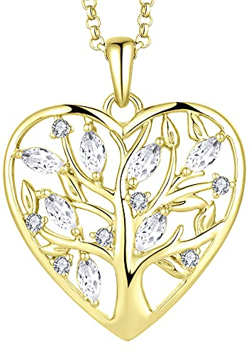 JO WISDOM Halskette Herz Baum Des Lebens,Kette Anhaenger Silber 925 Lebensbaum Familie Anhänger Halskette mit 3A Zirconia mit Gelb Vergoldet,Schmuck für Frauen