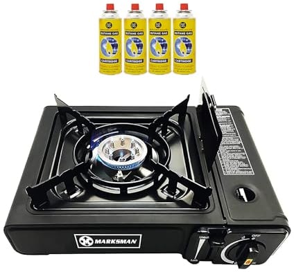 Portable Gas Cooker Camp Stove + 4 Butane Gas Canisters - For Outdoor Cooking, Camping, Fishing & BBQ | Premium Burner, Automatic Ignition & Heat Control, EN417 Compliant - Black Grill & Carry Case