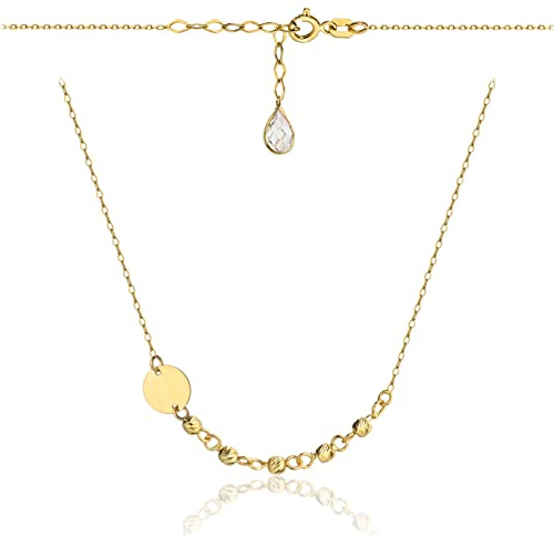 Goldene Damen Halskette 585 14k Gold Gelbgold Kette mit Anhänger Kreis Kugel Zirkonia Gravur