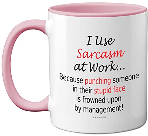Funny Mugs - I Use Sarcasm at Work - Desk Novelty Mugs for Colleagues, Secret Santa, Christmas Birthday Gifts, 11oz Dishwasher Safe Pink Handle Mug