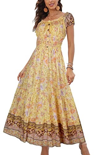 OSTOO Vestido Largo de Verano de Manga Corta para Mujer, Estilo Bohemio, Estampado Floral, Escalonado, Casual, con Vuelo, Flor Amarilla, XL