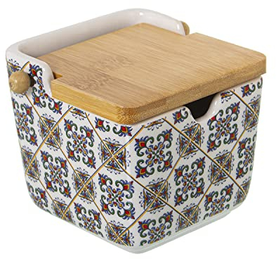 DRW Sucrier en céramique avec couvercle en bois et carrés 9 x 9 x 9 cm