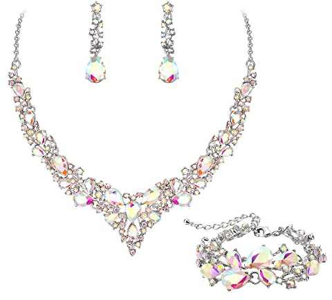 EVER FAITH Statement Halskette Ohrringe und Armband Set für Damen österreichische Kristall Tropfen Cluster Schmuckset Iridescent Klar AB