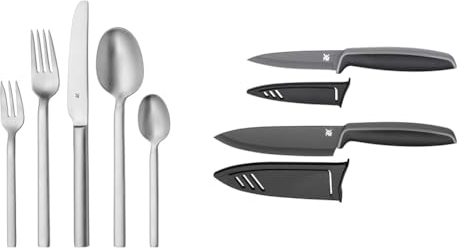 WMF Alteo Besteck Set 12 Personen, Essbesteck 60 teilig & Touch Messerset 2-teilig, Küchenmesser mit Schutzhülle, Spezialklingenstahl antihaftbeschichtet, scharf, Kochmesser, Gemüsemesser, schwarz