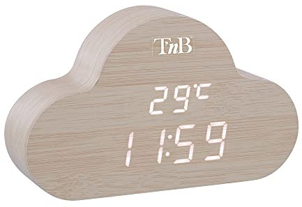 T'nB - Réveil Matin Numérique Cloudy, 3 Alarmes Programmables, Activation Vocale, Température Affichée, Luminosité Réglable, Mode Week-End - Couleur Bois