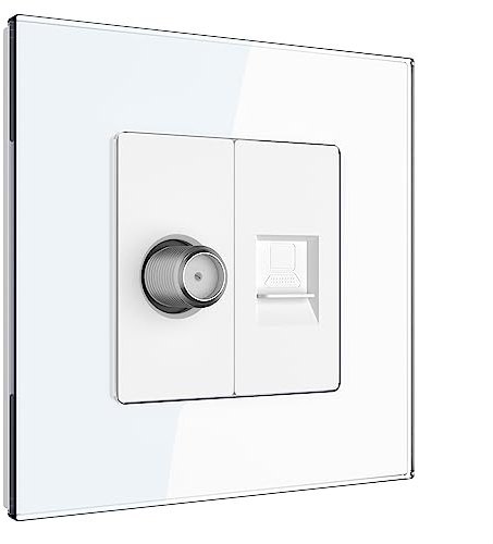 PULSAR Sat Dose und Netzwerkdose 1 Fach Weiß Glas, Antennendose und RJ45 8P8C Ethernet Buchse SAT Anschlussdose/Netzwerk Dose Multimediadose