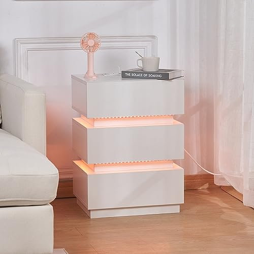 Mesita de noche con iluminación LED,Mesitas de Noche con Enchufe y Led Tiras de luz Mesita de noche con 2 cajones y 16 colores luces LED Mesita de Noche para sala de estar,dormitorio (45x35x61cm)