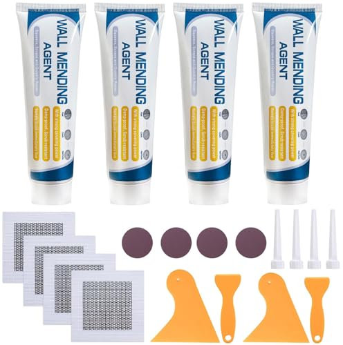 Deuvuo 4 Pack Wall Filler Repair Kit, Wall Spackle Polyfiller with 2 Drywall Patch, Sandpaper, Scraper - Wall Filler Ready Mixed for Wall Holes, Cracks, Graffiti, Ceiling, Plaster Filler Kit (White)
