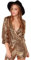 IMEKIS Damen Gl?nzend Pailletten Jumpsuit Langarm V-Ausschnitt Einteiler Strampler Kurz Overall Playsuit Night Party Disco Clubwear Elegant Festlich Leistung Rave Outfit Gold XL