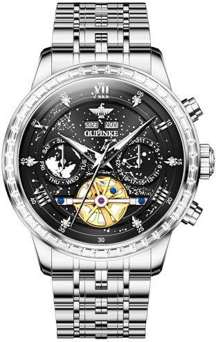 OUPINKE Armbanduhr für Herren, Skelett, selbstaufziehend, mechanisch, automatisch, luxuriös, schwarz, wasserdicht, leuchtendes Wolfram-Saphirglas, GZ3255Z: Silbernes Band und schwarzes Zifferblatt,