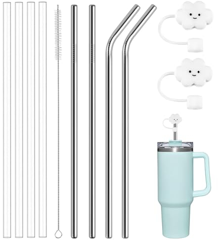 8 PCS Replacement Straws for Stanley 40oz, Bpa-Free Reusable Stainless Steel & Silicone Stanley Cup Straw with Cleaning Brush and 2 Straw Covers for Stanley Adventure Travel Tumbler