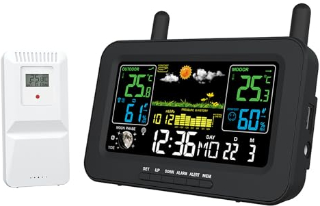 Weather Station Wetterstation Funk& Outdoor-Sensoren – Innen/Außen Thermometer Hygrometer, DCF77 Funk-Uhr, Mondphase, Luftdruckmessung (Inklusive)