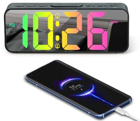 OWYELO Wecker Digital, Tischuhr mit 2 Alarme, RGB-Nachtlicht mit 11 Farben LED-Anzeige, Digital Uhr mit Automatische Dimmung, USB-C-Ladeanschluss(1,5M), Kompaktuhr für Schlafzimmer
