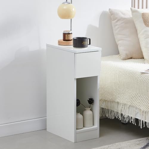 Pantanal Slim Wood Bedside Table Bedroom Nightstand with Shelf and Drawer, Narrow Bathroom Small Floor Storage Cabinet Living Room End Sofa Side Table (White High Glossing)