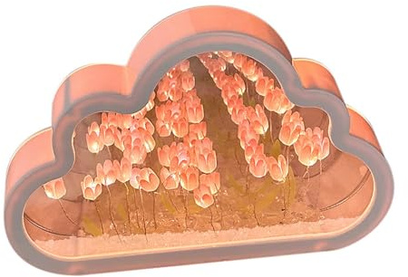 Restokki Wolken-Tulpen-Nachtlampe, 20 Rosa Blumen aus Kunststoff, Eingebaute Batterien, DIY-Wolkenspiegel-Tulpenlampe Für Geburtstag, Valentinstag