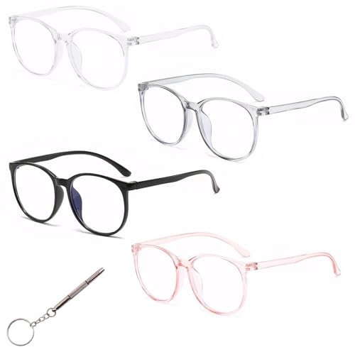 wimony Blue Light Blocking Glasses,Gaming Glasses,4 PCS Anti Glare Glasses,Gaming Glasses,Round Frame No Degree Glasses Lightweight Reading Glasses Anti Glare Anti Eyestrain(4 Color with Screwdriver)