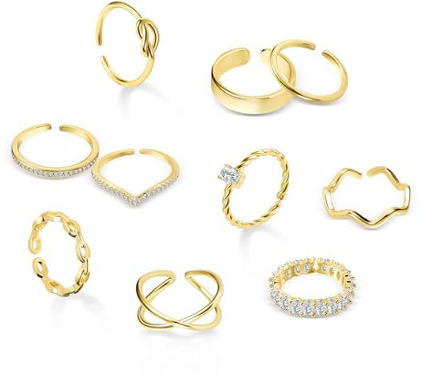 ALEXCRAFT Anelli Donna Oro Regolabili 10 Pezzi Set Anelli Oro Donna Anello Mignolo Dorato Fedine Sottili per Tutte Le Dita Pollice Piede a Fascia Placcato Oro 14K