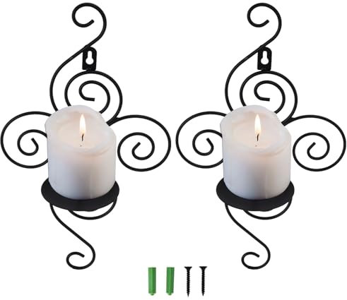 Hominas Kerzenhalter Wand, Hängender Wandkerzenhalter Kerzenständer Säulenhalter für Stumpenkerzen Barock Deko Zuhause Hochzeit, Schwarz, 2 Stück