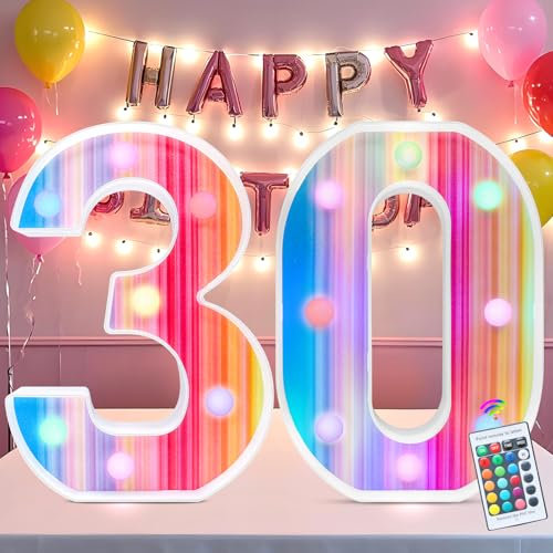 Rainbow Light Up Numbers, Colorful LED Number Lights 30 for 30th Birthday Decorations, 16 Color Changing Birthday Number Gifts for Women Party Anniversary Remote Night Light Wall Table Decor