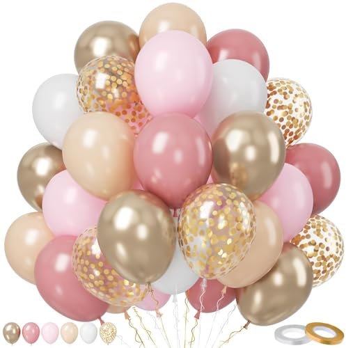 Paready Blush Pink Balloons Set, 50 Pcs Pink & Champagne Gold, 12 Inch Dusty Pastel Pink Apricot Metallic Gold Confetti For Boho Birthday Bridal Shower Bachelorette Party Supplies