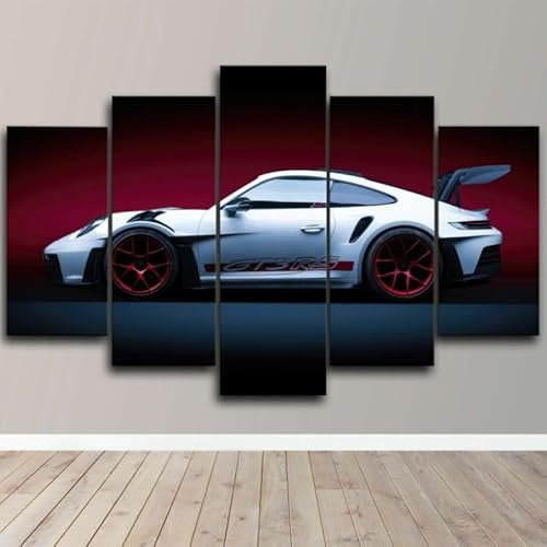 FatAco 5 Teile Porsch 911 White Side View Sport Car Die Bilder sind auf Echtholzrahmen montiert. Kunstvoll gedruckte Wandbilder