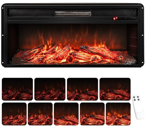 COSTWAY 20”/25/36” Electric Fireplace, 1500W/1800W/2000W Recessed Freestanding Fire Heater with 1/3/7 LED Flame Color, 4/5/9 Brightness & Remote (36”,900W/1800W,1 Color,9 Brightness)