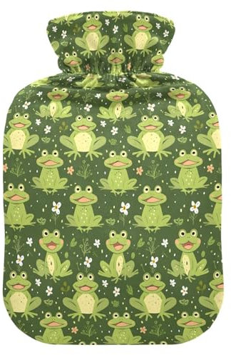 Wärmflasche, 1 l, kleiner Wärmbeutel mit weichem Plüsch-Wärmbezug, Frosch, auslaufsicherer Schraubverschluss, ideal für Wintersport, Outdoor, Rücken, Nacken und Bein, kalte Muskelschmerzen und Krämpfe