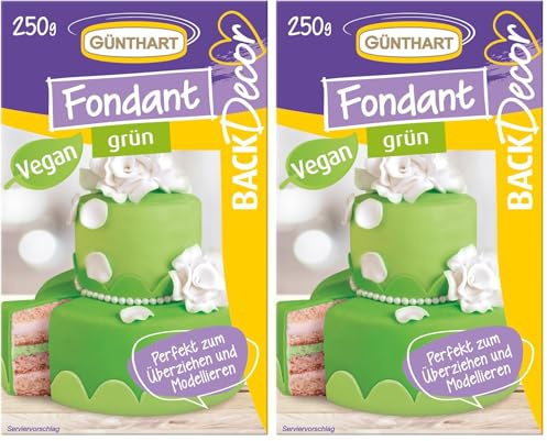 Günthart BackDecor 250 gr grün Fondant, 100% Vegan, Palmölfrei, Reißfest zum überziehen von Torten und Kuchen, zum Modellieren geeignet, 2er Pack (1 x 250 g)