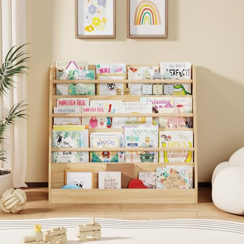 Lkeiyay Kinder-Bücherregal, 4 Etagen, Holz-Bücherregal, Bücherregal, Babyaufbewahrung, Montessori-Bücherregal, Kinderzimmer, Kleinkind-Bücherregal für Kinderzimmer, Klassenzimmer (Natur)
