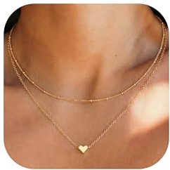 JeweBella Layering Kette Gold Silber Damen Herzkette Halskette 40+5CM | Hypoallergene 14K Vergoldet,Herz Anhänger Halskette,Layered Choker Kette,Geschenke Schmuck für Damen Frauen Mädchen