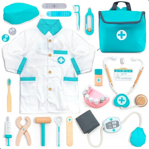 UMU® Valigetta Dottore Bambini in Legno – Kit Medico da 20 Pezzi con Stetoscopio Giocattolo, Vestito Dottore, Accessori Dentista e Altro – Gioco Dottore per Bambini e Bambine di 3, 4, 5 Anni