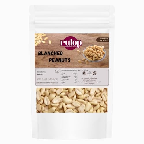 Rulop Blanched Peanuts 1Kg - Raw Whole PeaNuts - 100% Natural - Large Bag - Edible Nut - Unsalted Unroasted Skinless Shelled – for Making Peanut Butter & Roasting - Non GMO