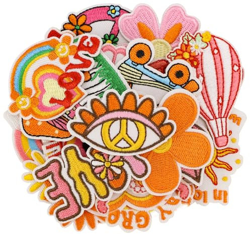 Rierousy 25er Hippie Vintage Bügelbilder und Aufnäher, Groovy Boho Peace-Zeichen Stickerei Patches zum Aufbügeln Oder Aufnähen für Kleidung, Rucksack, Jacke, Jeans, Shirt DIY Crafts