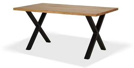 KHG Esszimmertisch Massivholz Eiche geölt mit X-Gestell Schwarz - 160 x 90 cm - für 4-6 Personen - moderner Esstisch mit stabilem Metallgestell, Küchentisch bis 100 kg belastbar