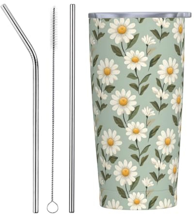 Vintage Daisy White Print Tumbler with Lid and Straw, 590.0 g Insulated Tumblers Stainless Steel Cups, Personalized Coffee Tumbler Travel Mug Water Bottle