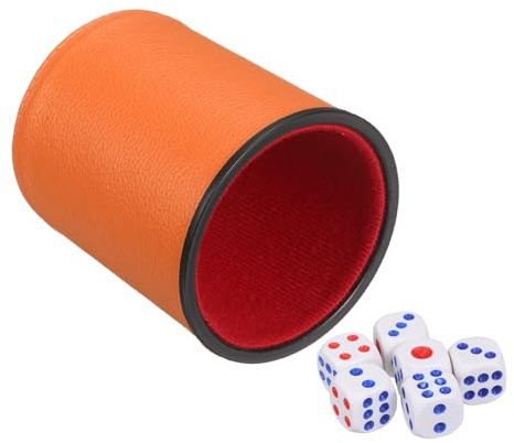 sourcing map Felt Lined Professional Dice Cup, PU Leather Quiet Shaker Cups Includes 6 Dot Dice for Bar Gatherings Party Board Games, Orange