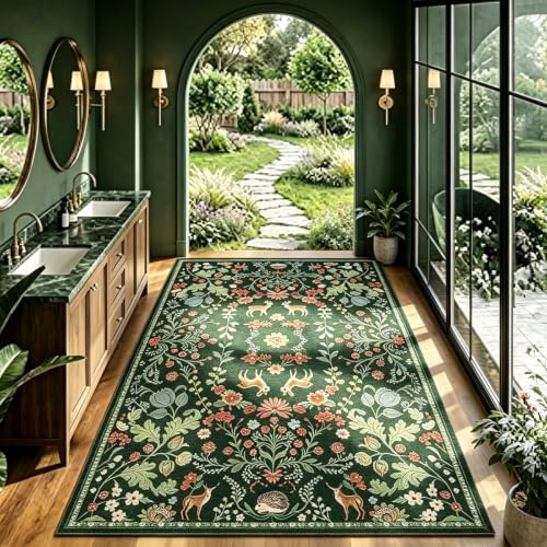 Alishomtll Teppich Läufer Grün, Vintage Blumen Pflanzen Teppich 160x230 cm | Rutschfest Waschbar Küchenteppich, Weich Kurzflor Flurläufer Teppich für Wohnzimmer Schlafzimmer Kinderzimmer Küche Eingang