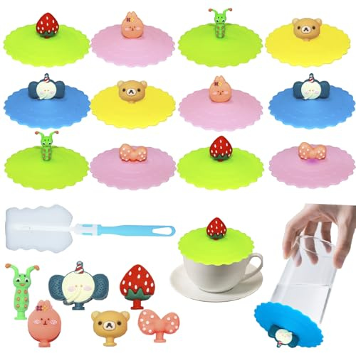 JIUHEEDAMAI 12 Pcs Cartoon Silicone Glass Cup Cover, Anti Dust Cup Covers