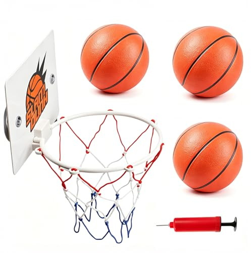 5-teiliges Mini Basketballkorb Set, Ideal für Basketballkorb fürs Zimmer | 5-teiliges Mini Basketballkorb Set, 1 Basketballkorb Indoor mit Saugnapf, 3 Mini Basketball, 1 Luftpumpe