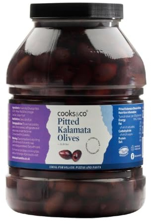 Cooks & Co Pitted Kalamata Olives, 2.25kg | Ready-to-use catering size saves prep time; provides a reliable Greek olive option for commercial salad bars and buffets.