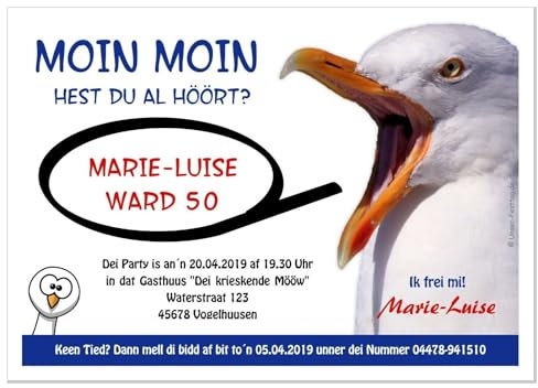 Einladungskarten für runden Geburtstag lustig witzig - kostenloser Eindruck Ihres Textes plattdüütsch, Möwe, als digitale Datei (JPG) oder gedruckt auf hochweißem Feinstkarton.