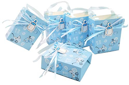 JZK 24 x Blau Gastgeschenk Süßigkeiten Schachtel mit Babyflasche Muster für Baby Mädchen Geburtstag Taufe Neugeborenen Babyparty Baby Shower Kinder Party