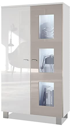 Vladon Vitrine Denjo, Made in Germany, Standvitrine mit 2 Türen und 3 Glaseinsätzen, Weiß matt/Weiß Hochglanz/Sandgrau Hochglanz inkl. LED-Beleuchtung (71 x 129 x 35 cm)