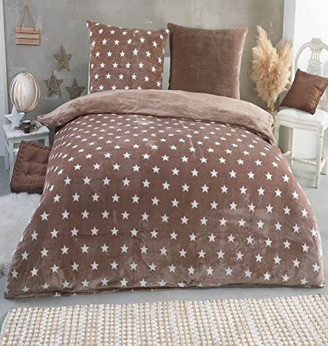 MALIKA Warme Winter Plüsch Sterne Wende-Bettwäsche Nicky-Teddy 'Cashmere Touch' Coral Fleece viele Farben & Größen, Farbe:Taupe, Größe:200 x 200 cm