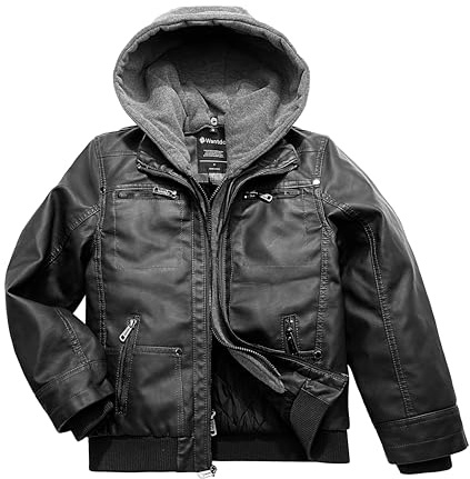 Wantdo Boy's Leather motorcycle Pilot Jackets Windproof Coats Zip Up Hoodie Black Thick US 14/16