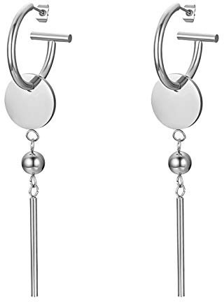 Flongo Ohrstecker Knopf Damen Groß Ohrringe Ohrhänger mit hängendem Rundem Plättchen Kreis Disk Form Quaste Troddel Hängeohrringe in Silber aus Edelstahl