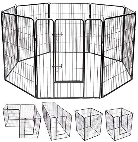 COSTWAY Welpenauslauf 80cm hoch, 8-teilig faltbares Freilaufgehege, Welpenlaufstall mit abschließbarer Tür, Laufstall für Hunde Katzen Kaninchen, Metall, für drinnen draußen, Schwarz