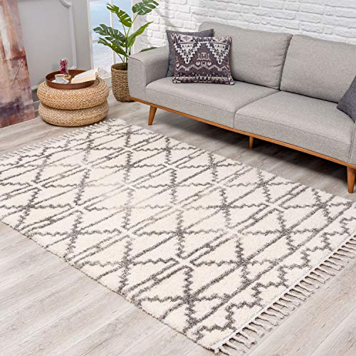 Teppich Hochflor Wohnzimmer - Ethno Skandi Stil 200x290 cm Creme - Teppiche mit Fransen